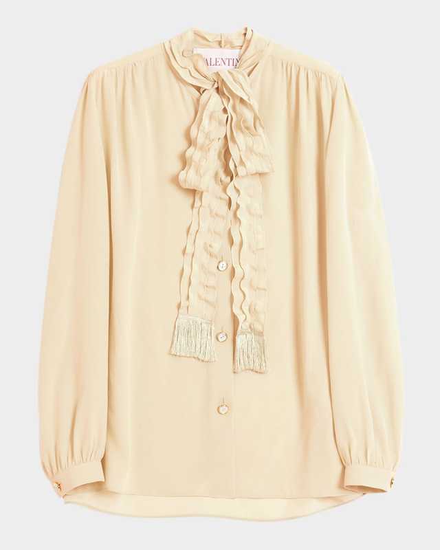 Ruffle Tie-Neck Silk Blouse